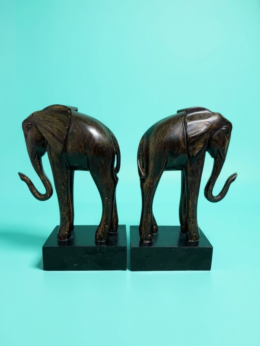 Mid-Century Style Resin Elephant Bookends - Dark Wood Finish (Set of 2)